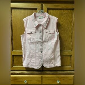 Quaker Factory Women’s Pink Collared Pink Embellished Rhinestones Jean Vest Sz L